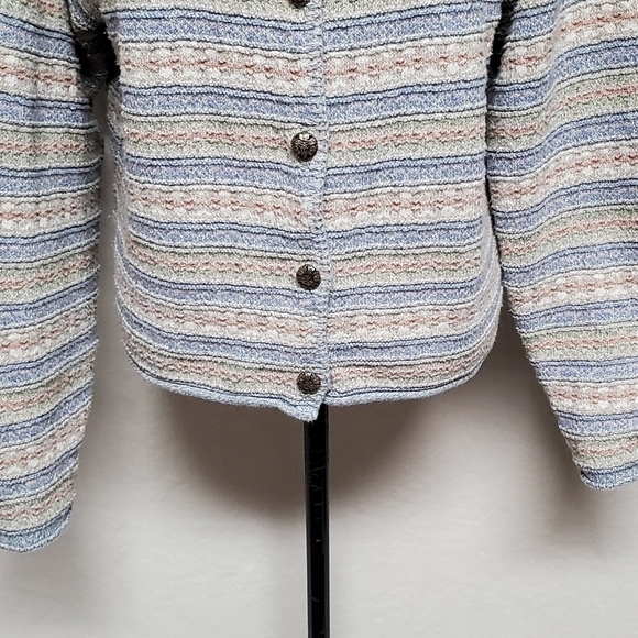 VINTAGE 80s Alps Pastel Pink Blue Heart Ribbed Knit Floral Button Up Cardigan L - Picture 7 of 16